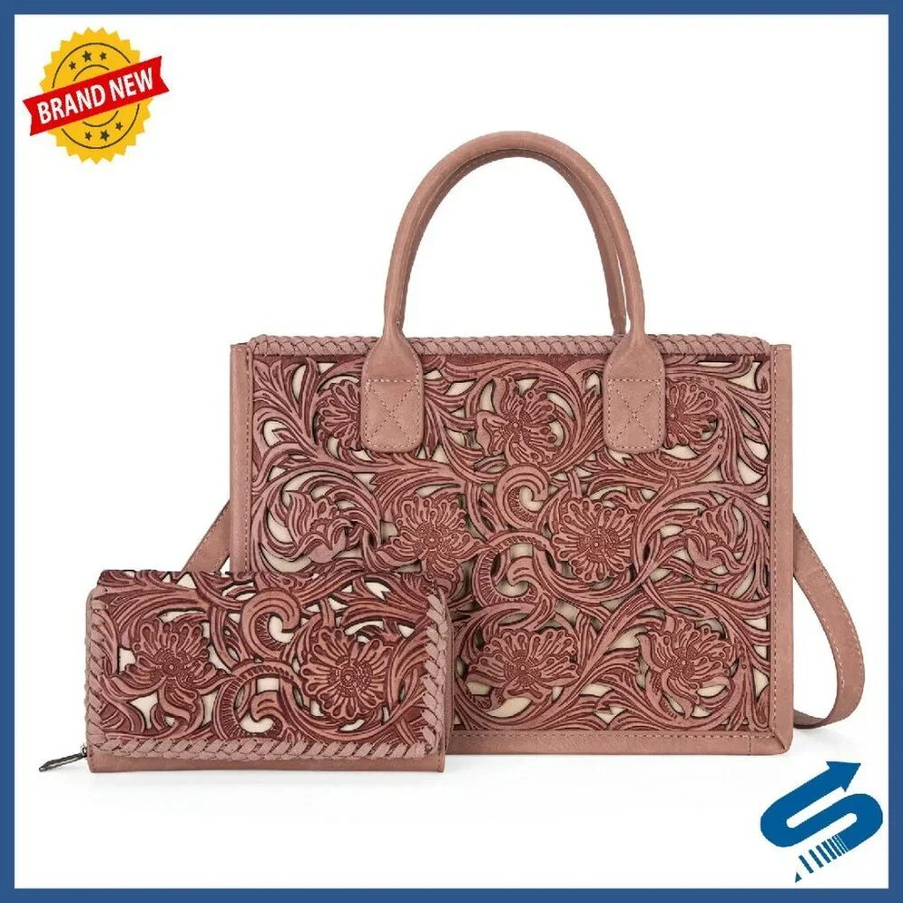 Genuine Leather Tote Bag with Detachable Crossbody Strap & Wallet Set - Picture 1 of 8